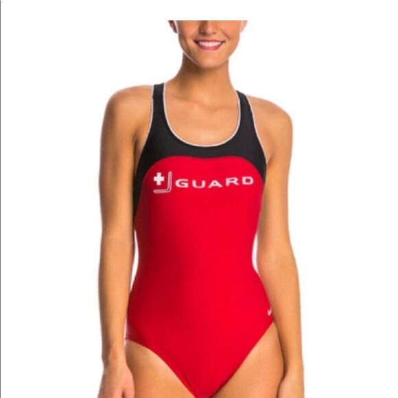 Womens Nike Lifeguard Red Black Power Back Tank One Piece Swim Suit Pool Safety - Picture 1 of 4